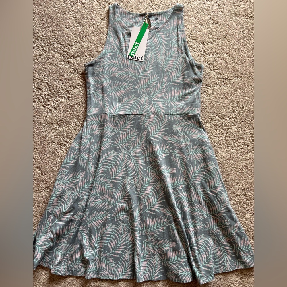 Pact Gray and Pink Leaf Pattern Flare Midi Dress